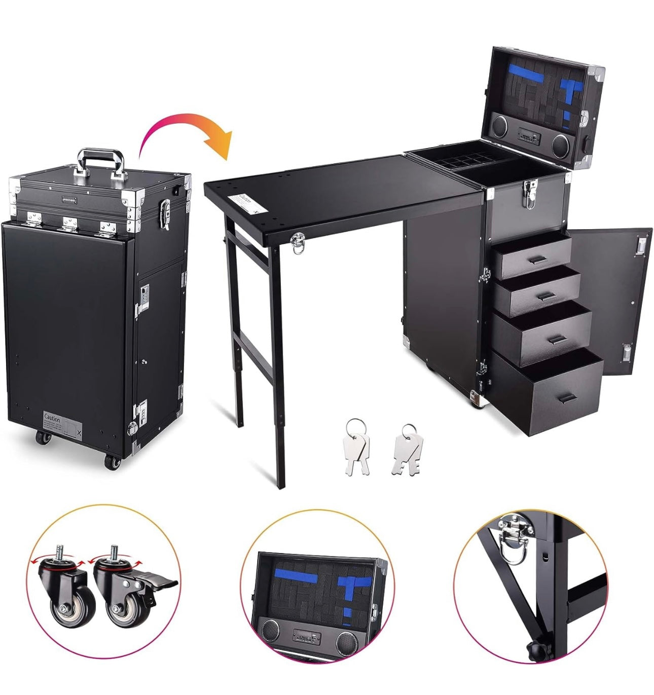Nail Desk Mobile Station Rolling Makeup Train Case Trolley Cosmetic Manicure Table Mirror 4 Drawers Black